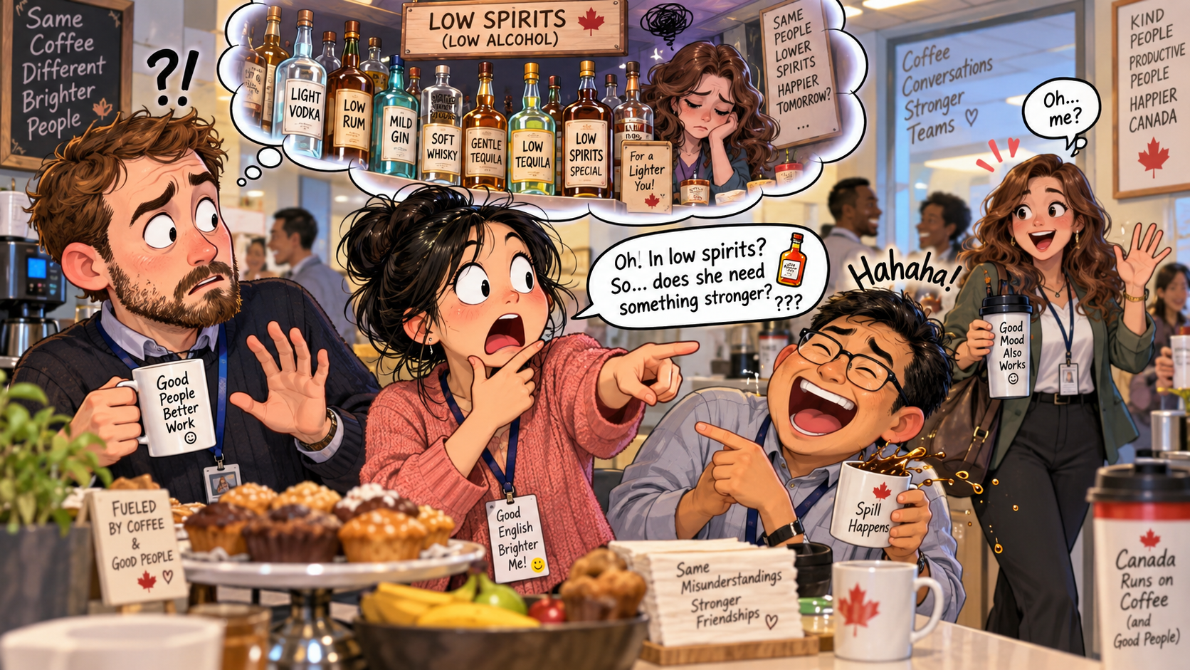 美剧学英语：in low spirits - 加拿大办公室茶水间，同事说她“in low spirits”，我居然问：要不要换烈一点的？