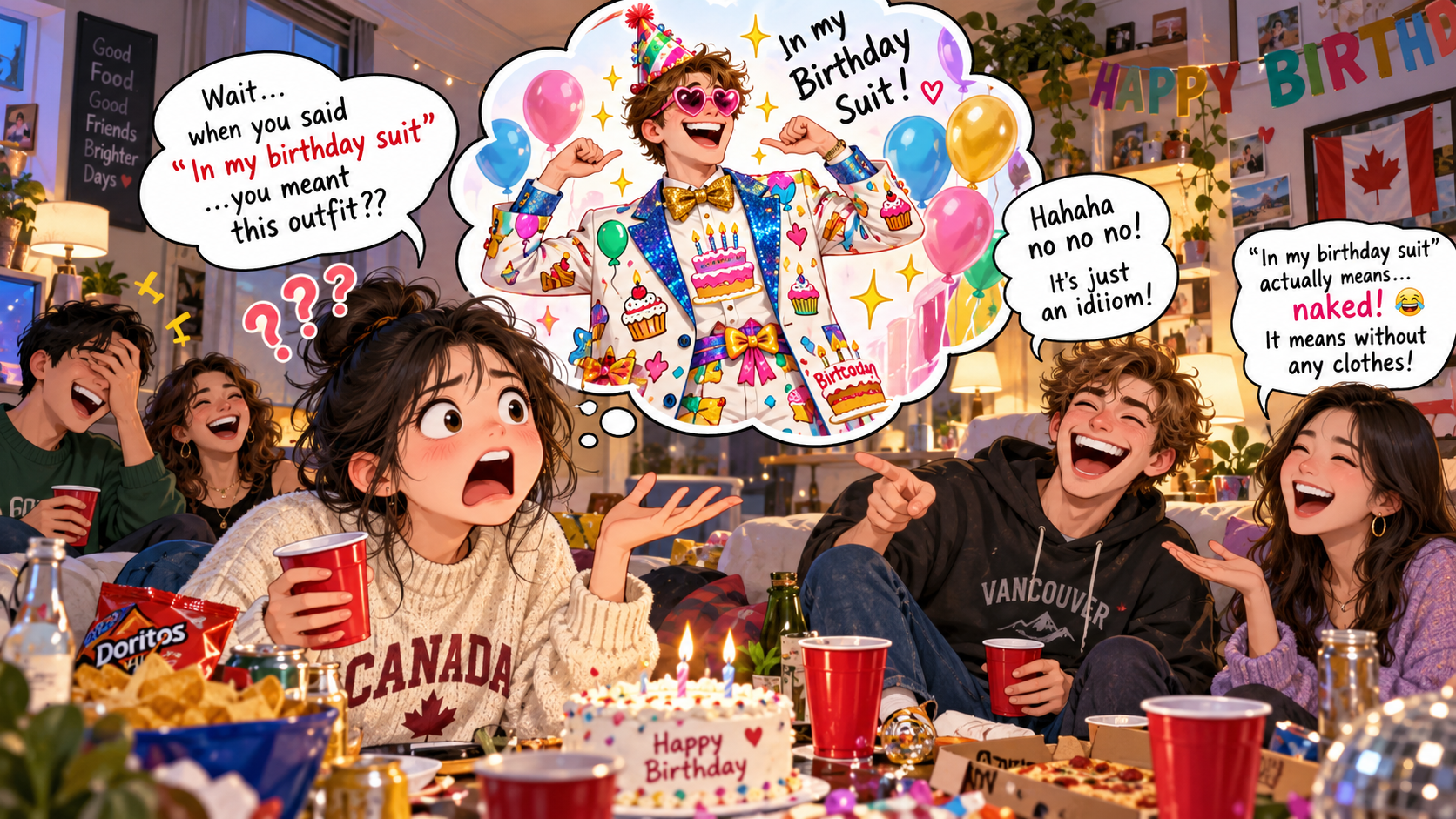 美剧学英语：in one's birthday suit - 加拿大室友说他穿着“birthday suit”，我还问：要不要打领带？