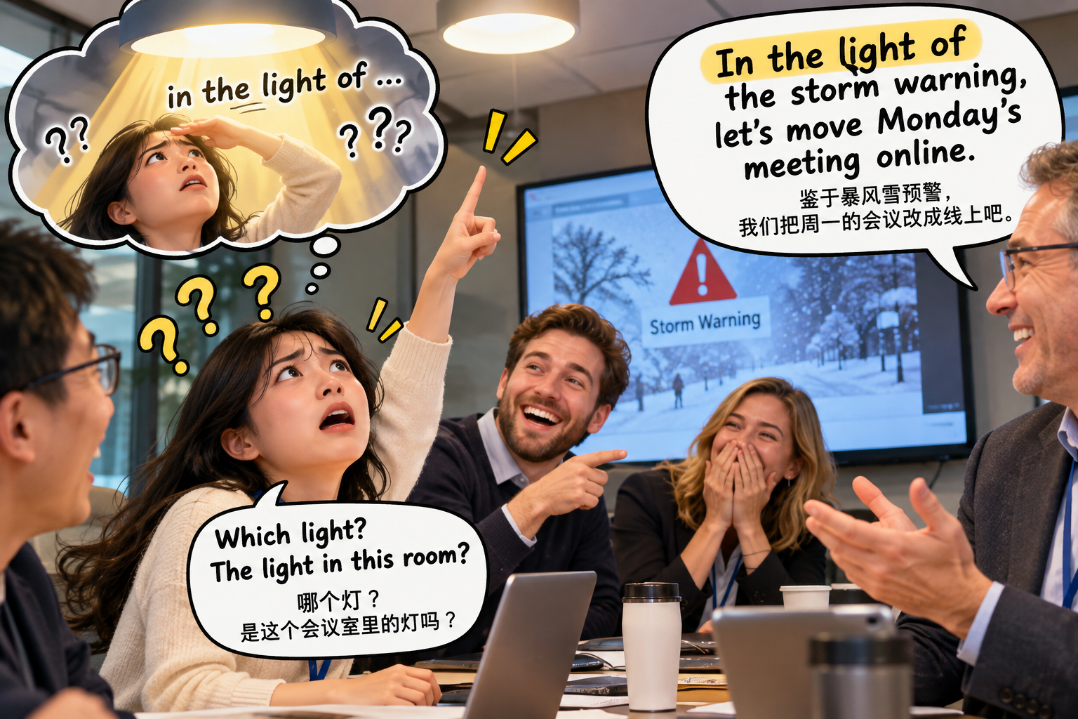 美剧学英语：in the light of - 加拿大办公室说“in the light of”，我抬头看了一眼会议室的灯……