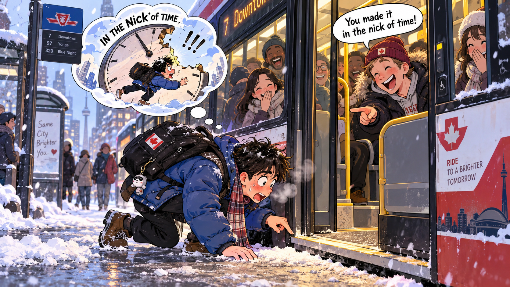 美剧学英语：in the nick of time - 加拿大早高峰赶公交，同事说我到了“in the nick of time”，我低头找了半天那个“缺口”……