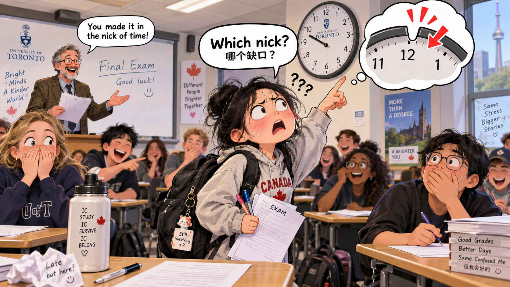 美剧学英语：in the nick of time - 加拿大大学考试迟到，教授说“in the nick of time”，我盯着墙上的钟找那个“缺口”…