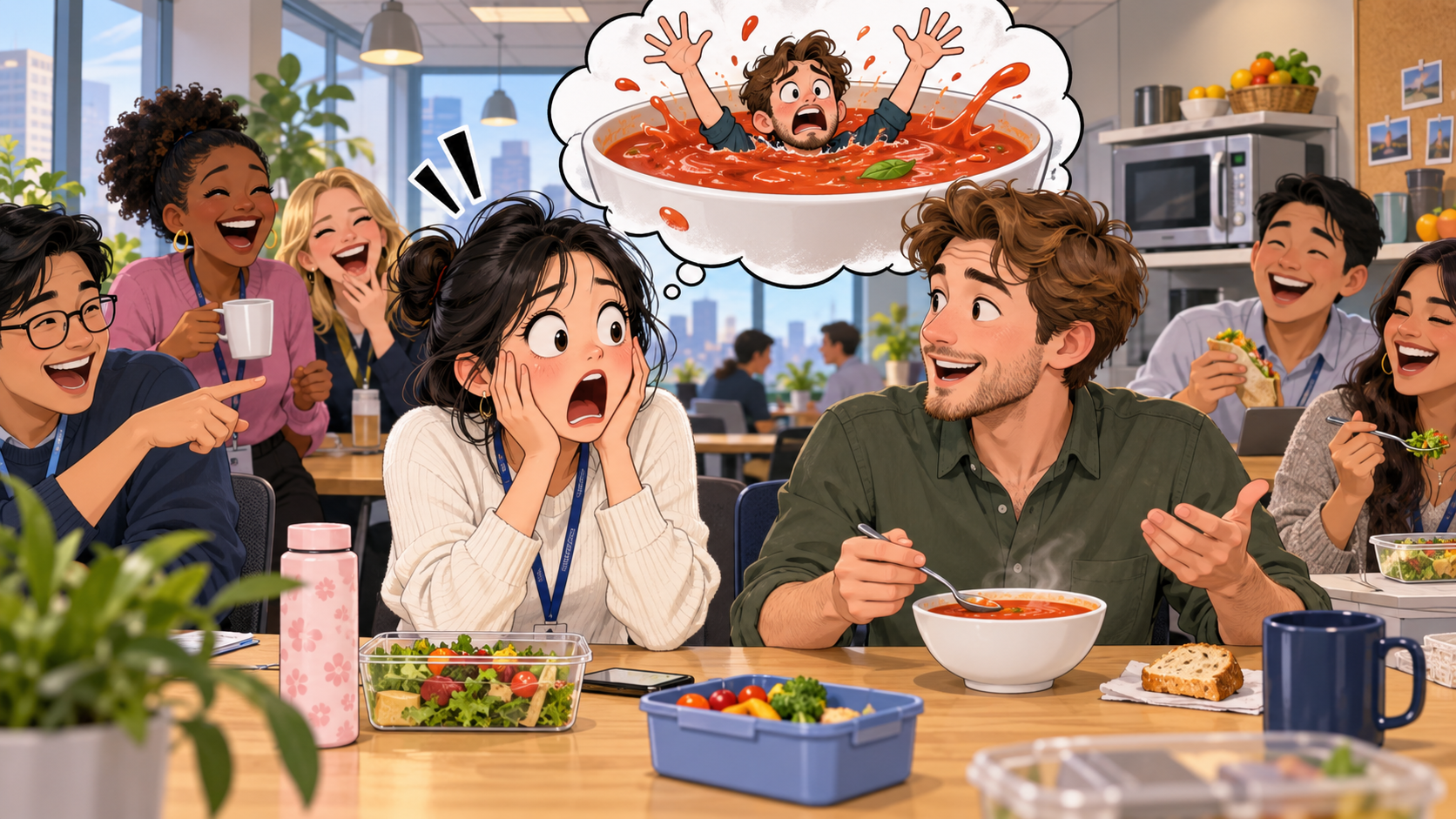 美剧学英语:in the soup - 加拿大办公室午餐,同事说“I'm in the soup”,我低头看了一眼他的碗……