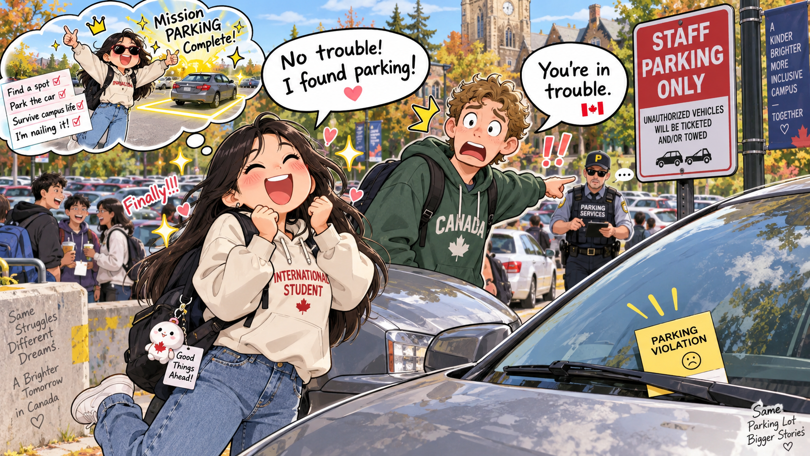 美剧学英语:in trouble - 加拿大大学停车场,同学说“You’re in trouble”,我还笑着说:No trouble!