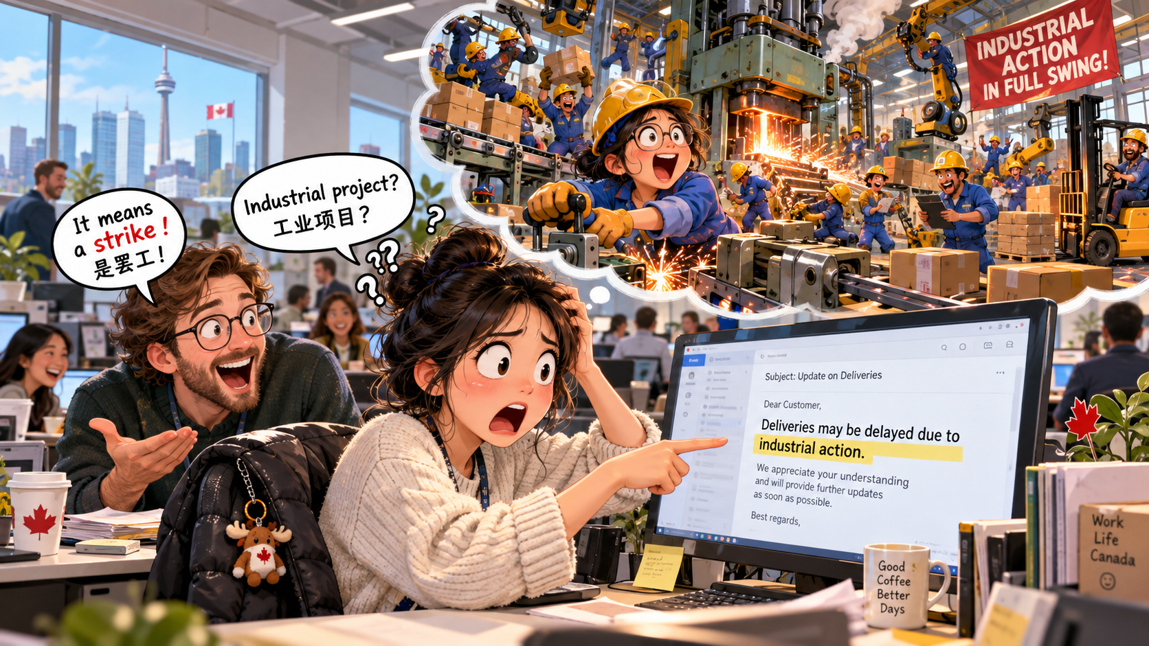 美剧学英语：industrial action - 加拿大办公室：邮件说有“industrial action”，我还问工厂是不是在搞生产活动……