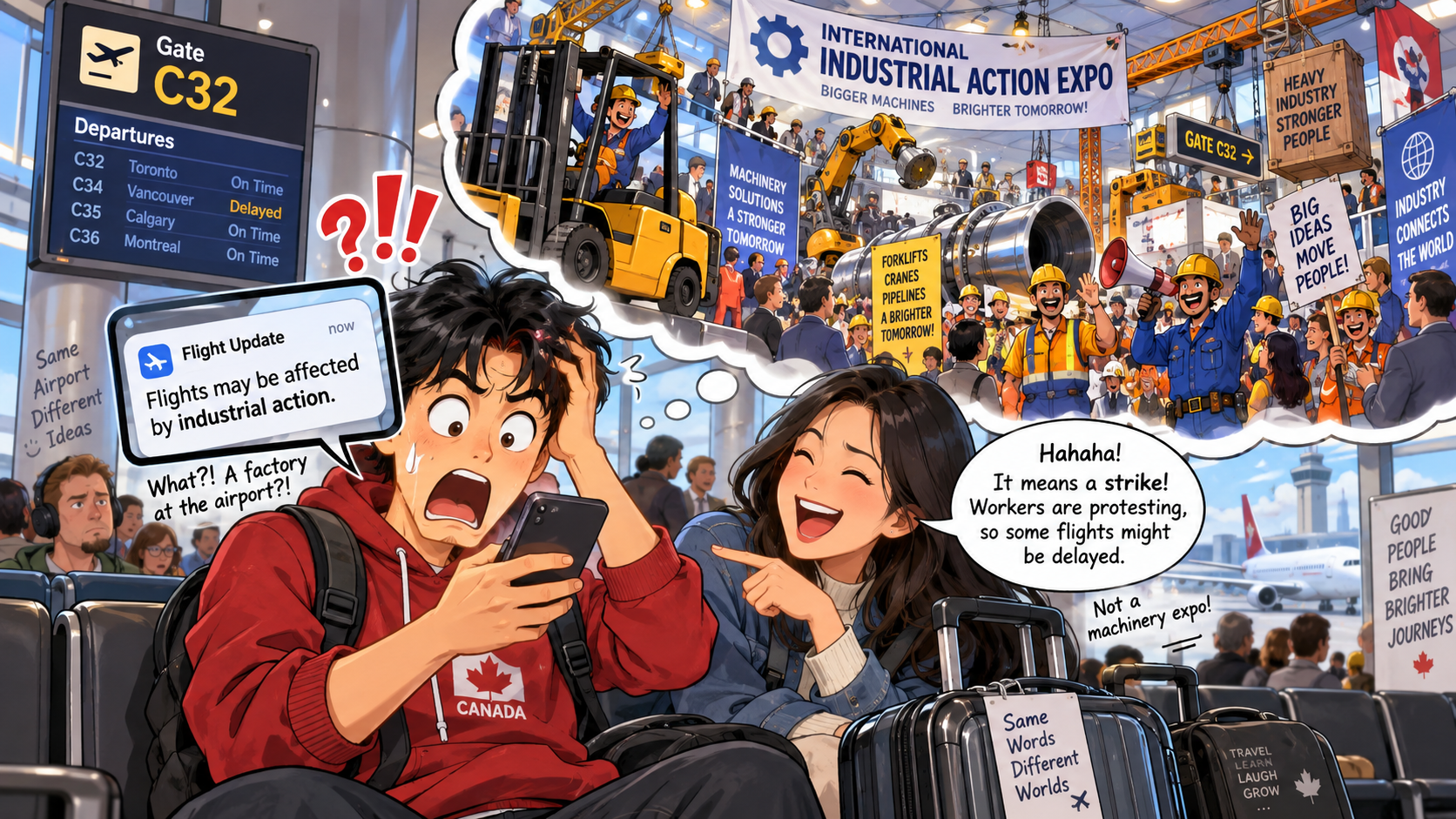 美剧学英语:industrial action - 加拿大机场看到“industrial action”,我还以为附近要办工业展……