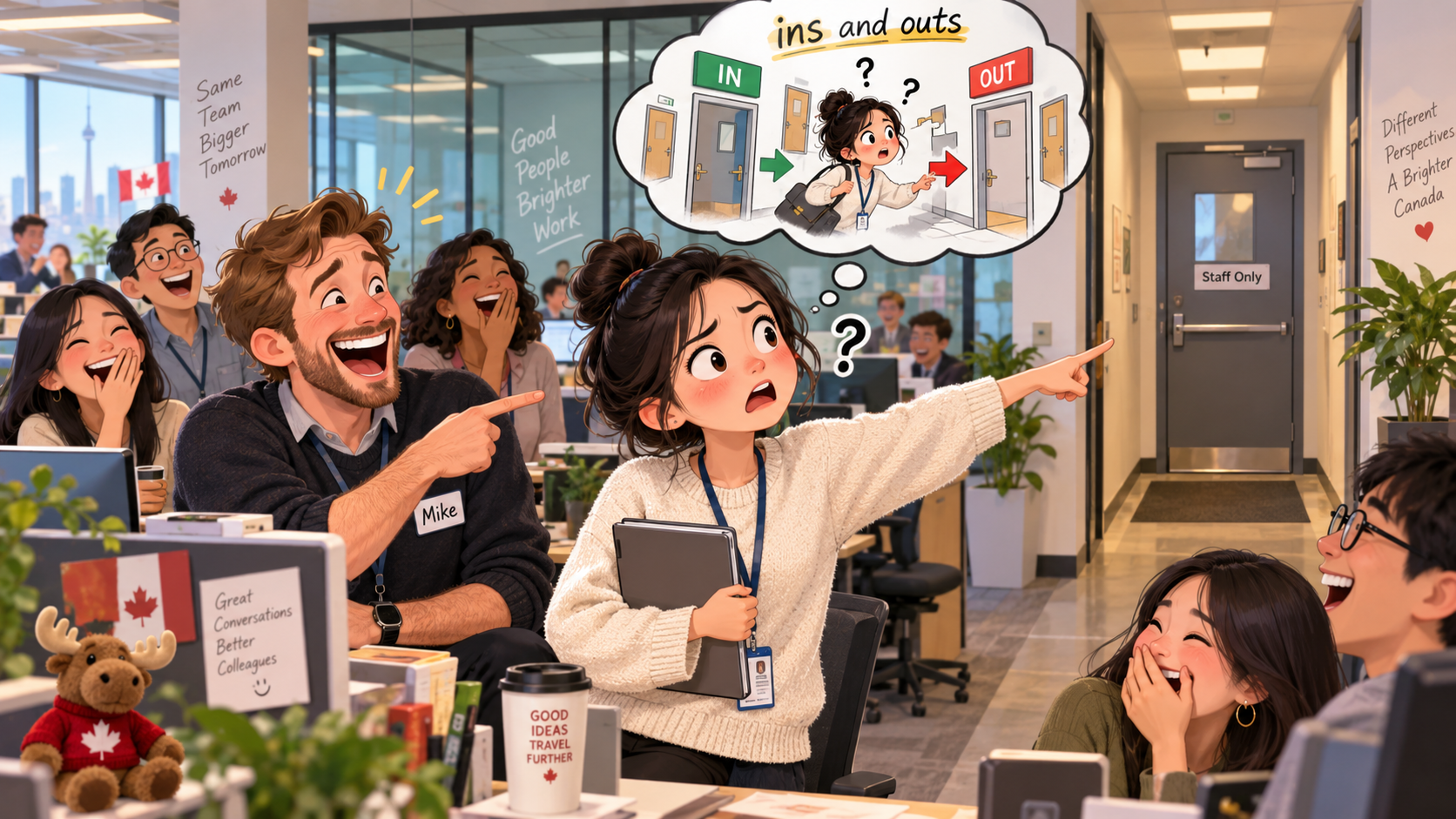 美剧学英语：ins and outs - 加拿大办公室同事说带我看“ins and outs”，我真的跟着他去找门了