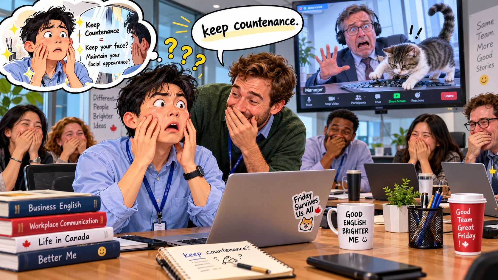 美剧学英语：keep countenance - 加拿大办公室里，同事让我“keep countenance”，我还偷偷摸了一下自己的脸……