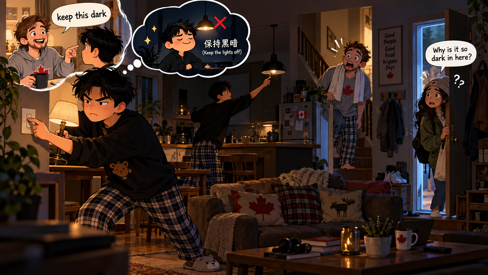 美剧学英语：keep dark - 加拿大室友让我“keep dark”，我真的把客厅灯关了……