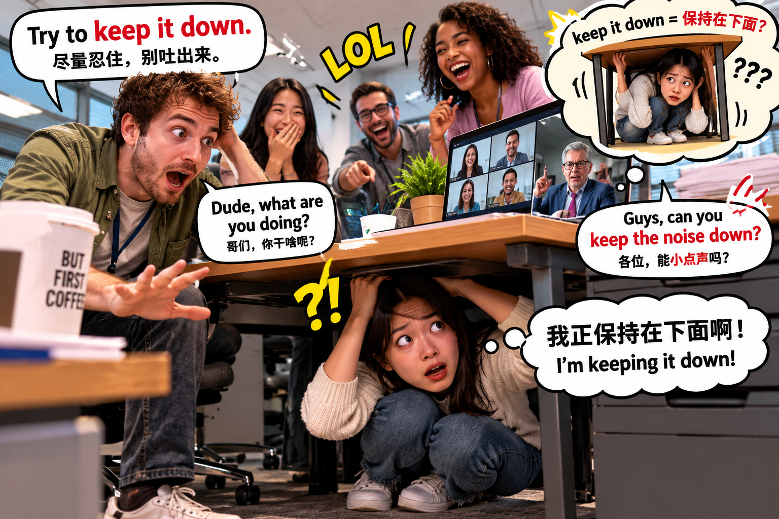 美剧说英语：keep down - 加拿大同事让我“keep it down”，我竟然蹲到了办公桌下面……