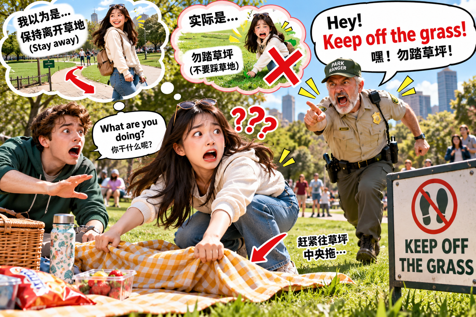美剧说英语:keep off the grass - 加拿大公园草坪上,我被管理员追着喊:Keep off the grass!