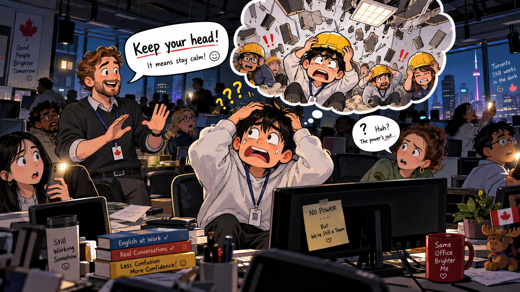 美剧学英语：keep one's head - 加拿大办公室突然停电，同事让我“keep your head”，我下意识摸了摸自己的脑袋……