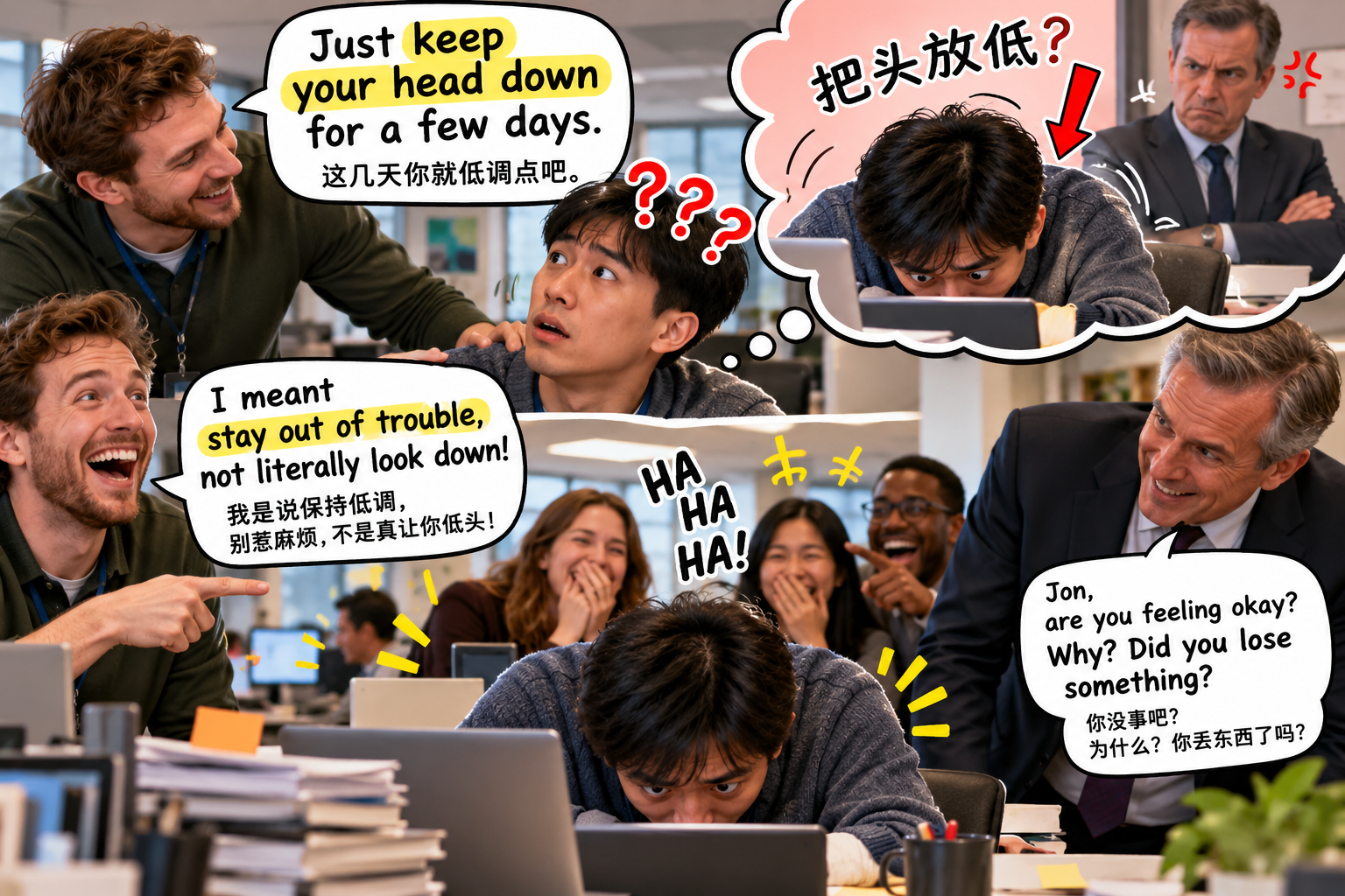 美剧说英语:keep one's head down - 加拿大办公室同事让我“keep my head down”,我低头工作了一下午……