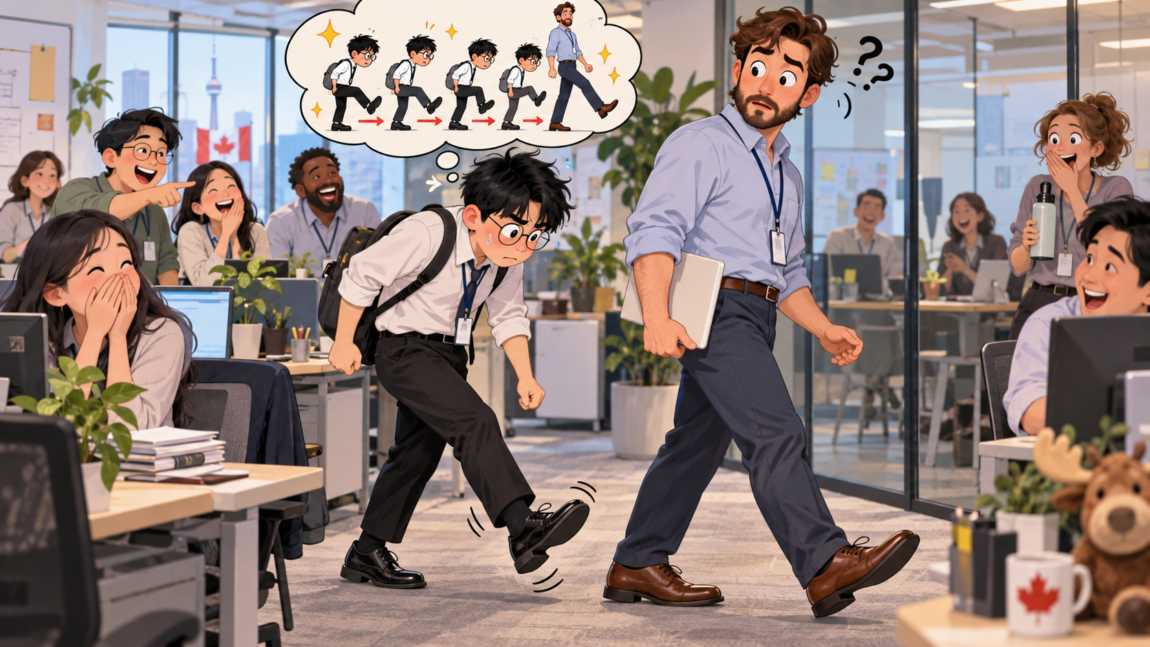 美剧学英语:keep pace - 加拿大办公室培训,同事让我“keep pace”,我一路跟着他的脚走……
