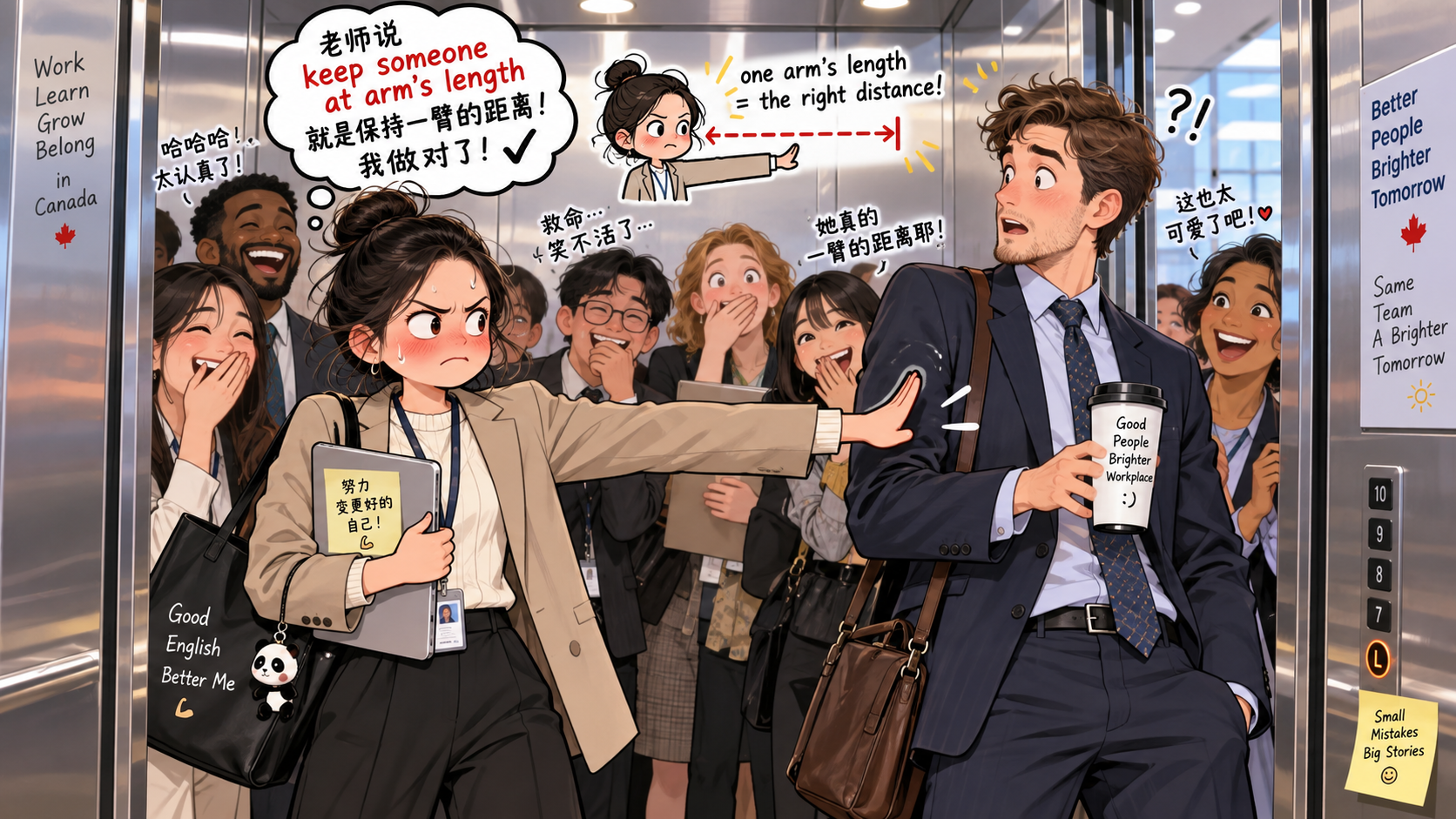 美剧学英语：keep someone at arm's length - 加拿大办公室同事说“keep him at arm's length”，我真的在电梯里伸手量了距离……