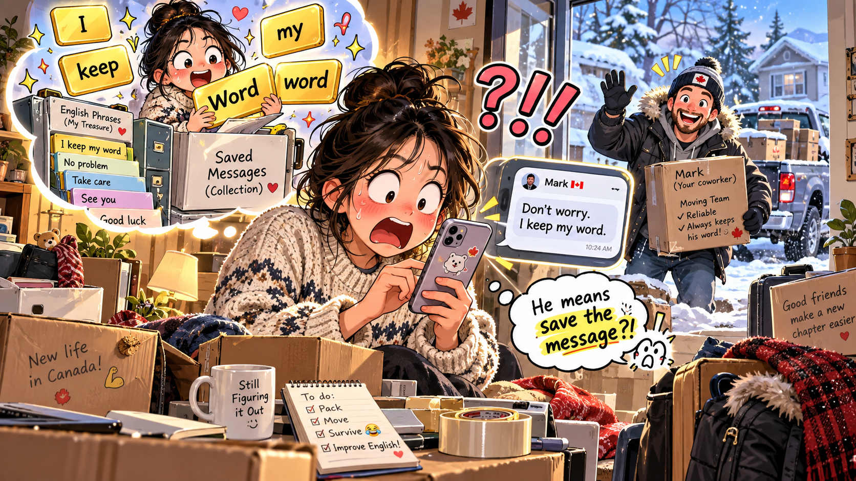 美剧学英语：keep words - 加拿大搬家那天，同事说“I keep my word”，我默默截了个图……