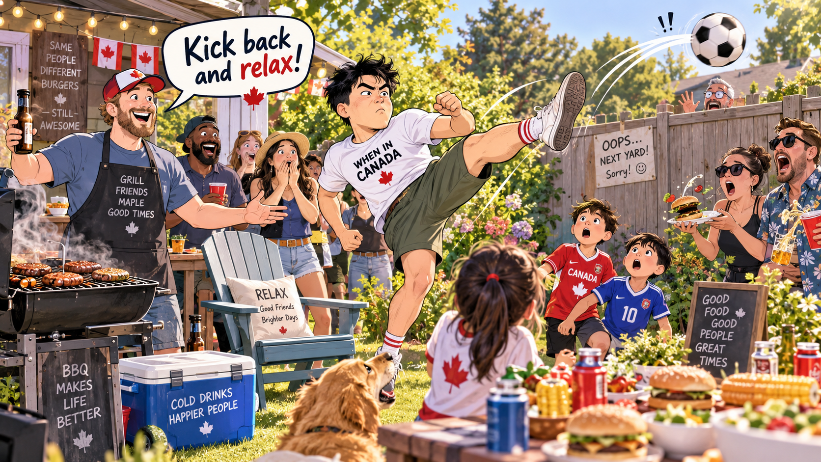 美剧学英语:kick back - 加拿大同事家后院BBQ,他让我“kick back”,我一脚把球踢进了邻居家……