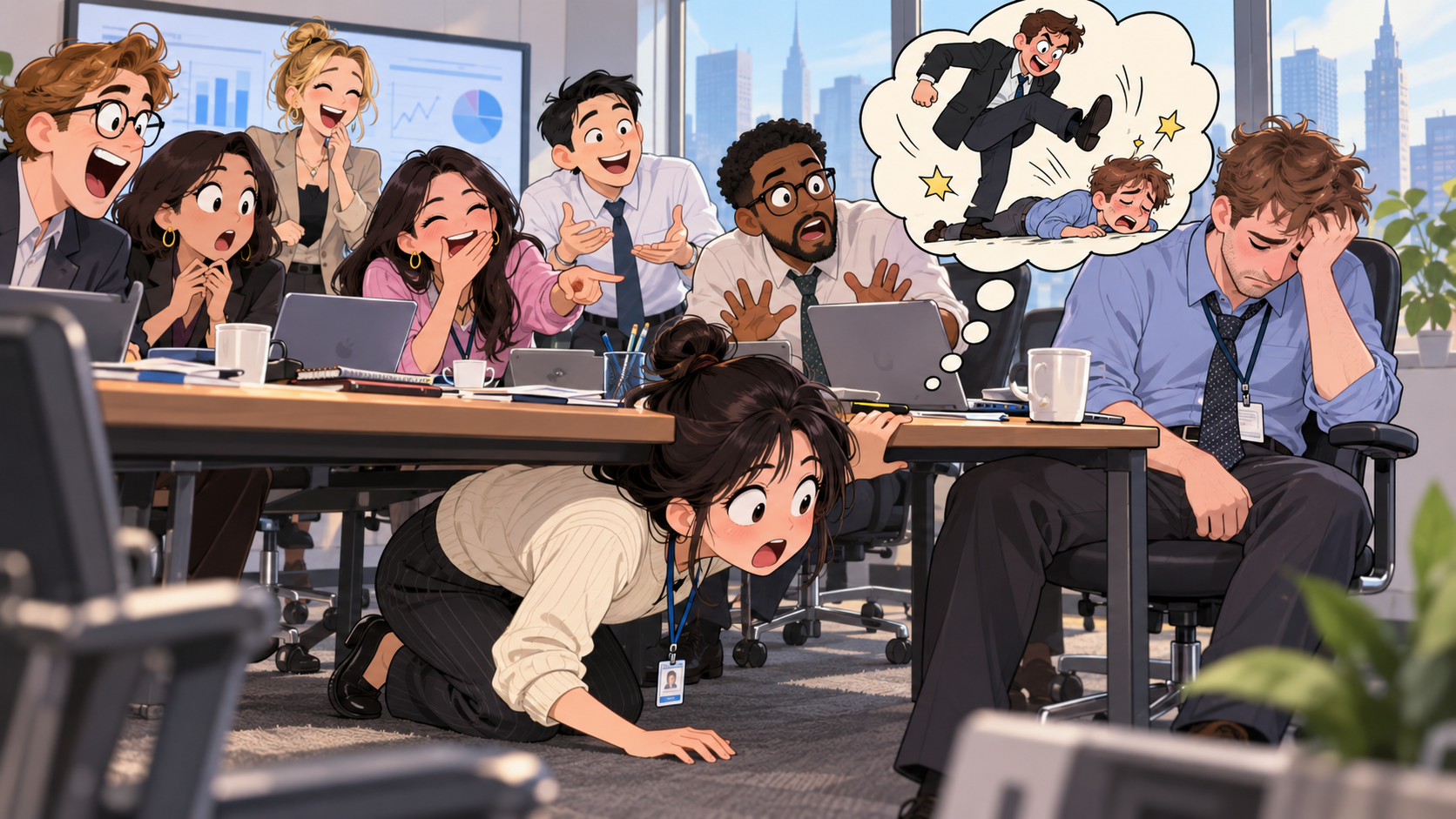 美剧学英语：kick someone when they are down - 加拿大办公室复盘会：同事说别再kick他，我低头看了一眼桌子底下……