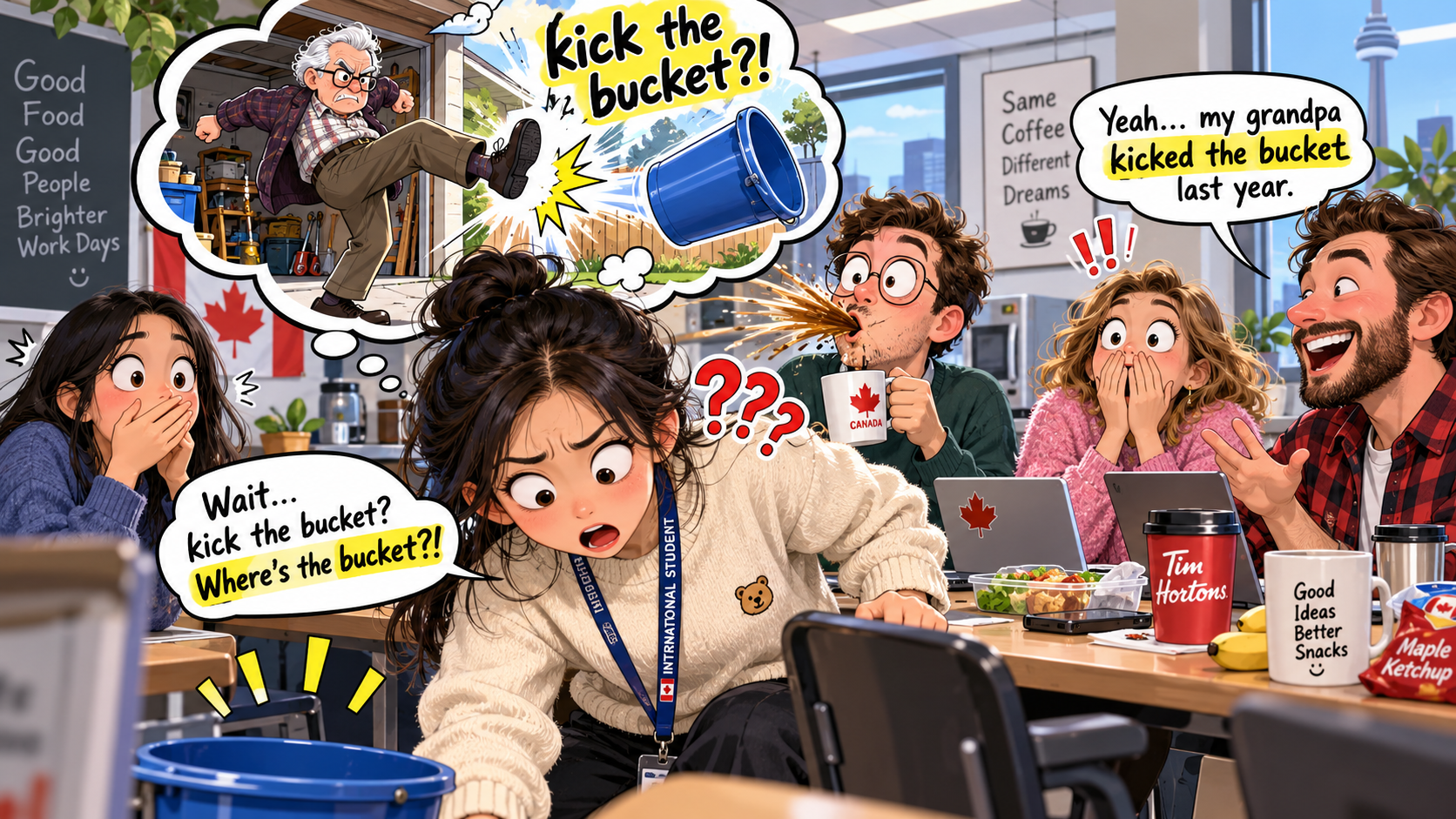 美剧学英语:kick the bucket - 加拿大同事说他爷爷“kick the bucket”,我低头找了半天桶……