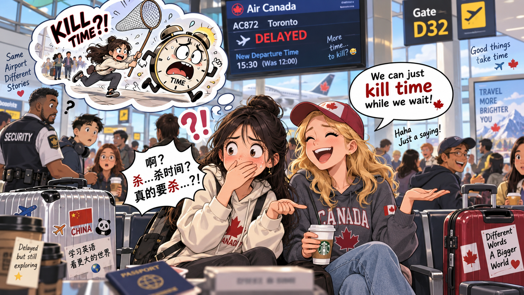 美剧学英语:kill time - 加拿大机场候机时,朋友说“kill time”,我下意识压低了声音……