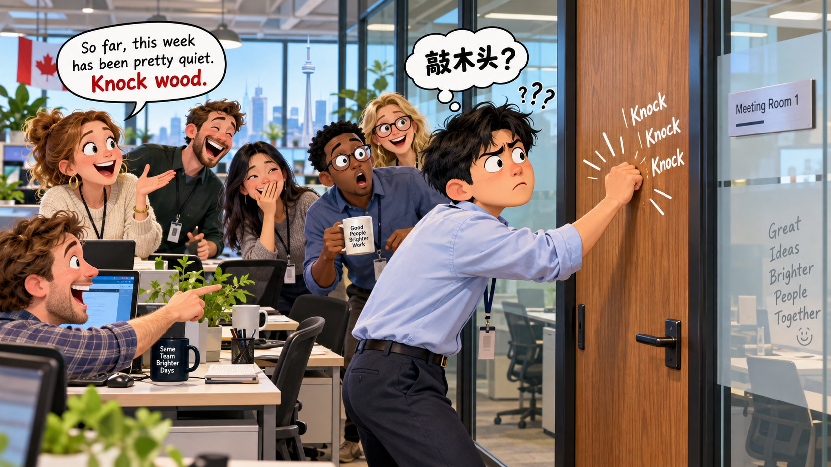 美剧学英语：knock wood - 加拿大同事突然让我“knock wood”，我真的去敲了会议室的木门……