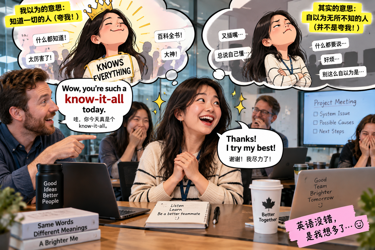 美剧学英语:know-it-all - 加拿大办公室周会,同事说我是“know-it-all”,我居然还笑着说谢谢