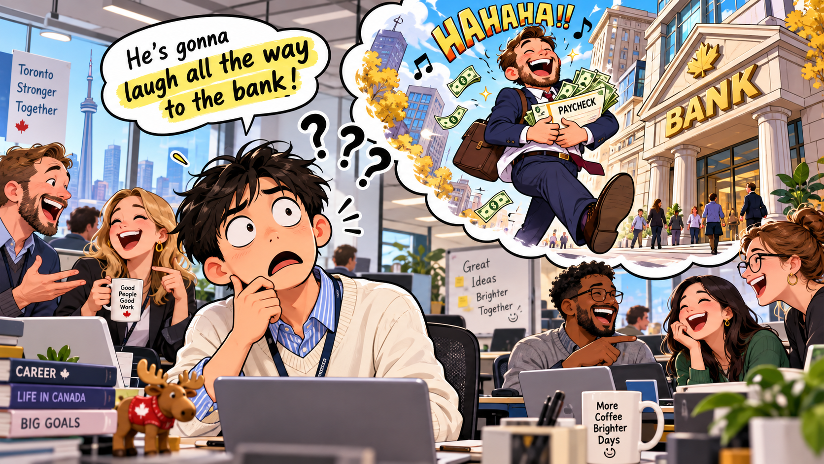 美剧学英语:laugh all the way to the bank - 加拿大办公室里,同事说他要“laugh all the way to the bank”,我真以为他要一路笑着去银行……