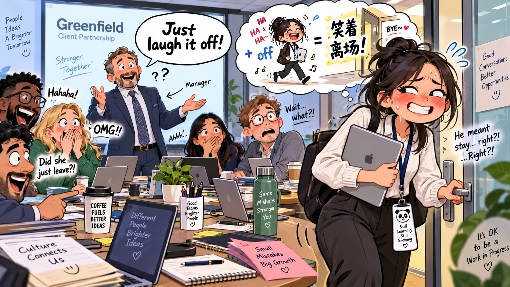 美剧学英语：laugh off - 加拿大办公室周会，老板让我“laugh it off”，我居然笑着走出了会议室……