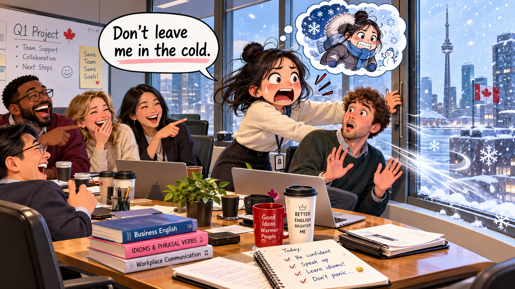 美剧学英语：leave in the cold - 加拿大办公室里，同事说“别把我留在冷空气里”，我真去给他关窗了……