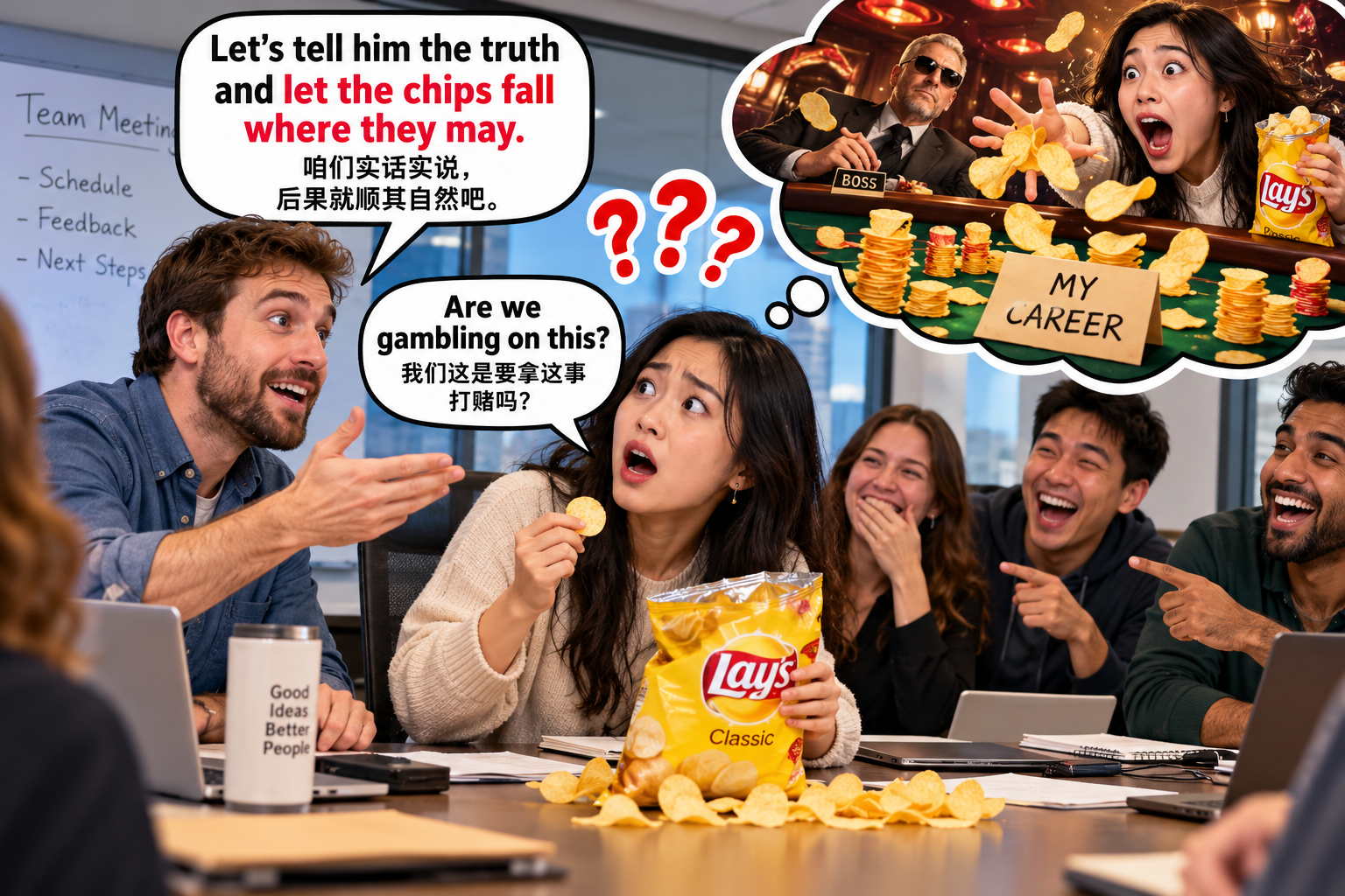 美剧说英语:let the chips fall where they may - 加拿大办公室开会,同事说“let the chips fall”,我以为他要拿薯片赌前途……