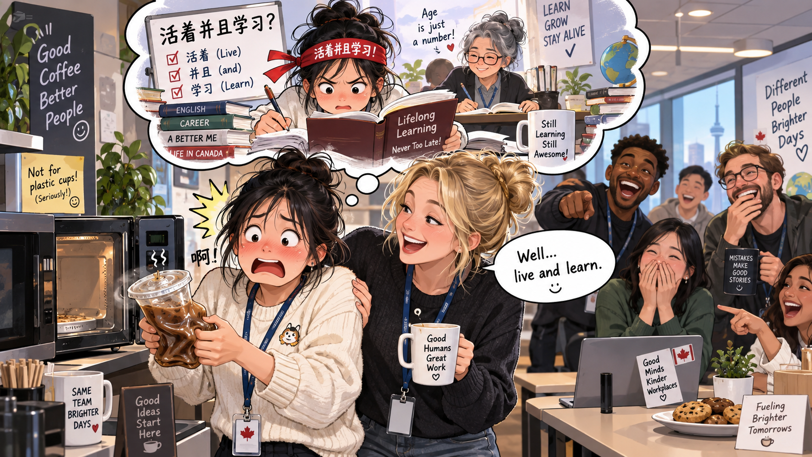 美剧学英语:live and learn - 加拿大办公室茶水间,同事说“live and learn”,我以为他在鼓励我终身学习