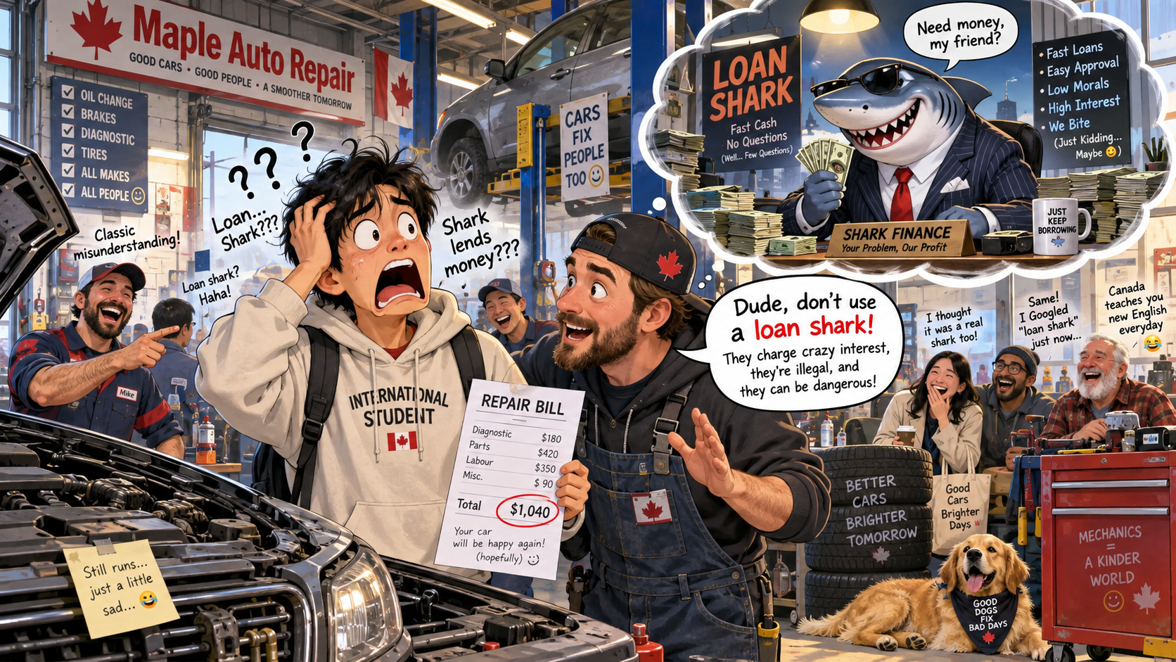美剧学英语：loan shark - 加拿大修车店里，我听到“loan shark”后开始找鲨鱼……