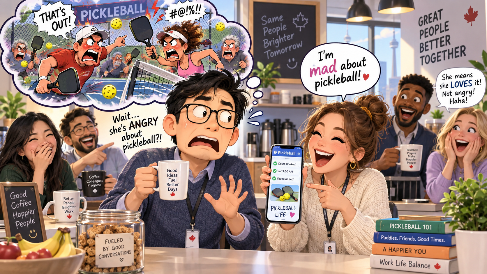 美剧学英语:mad about - 加拿大办公室茶水间,同事说她“mad about pickleball”,我差点替她找人理论