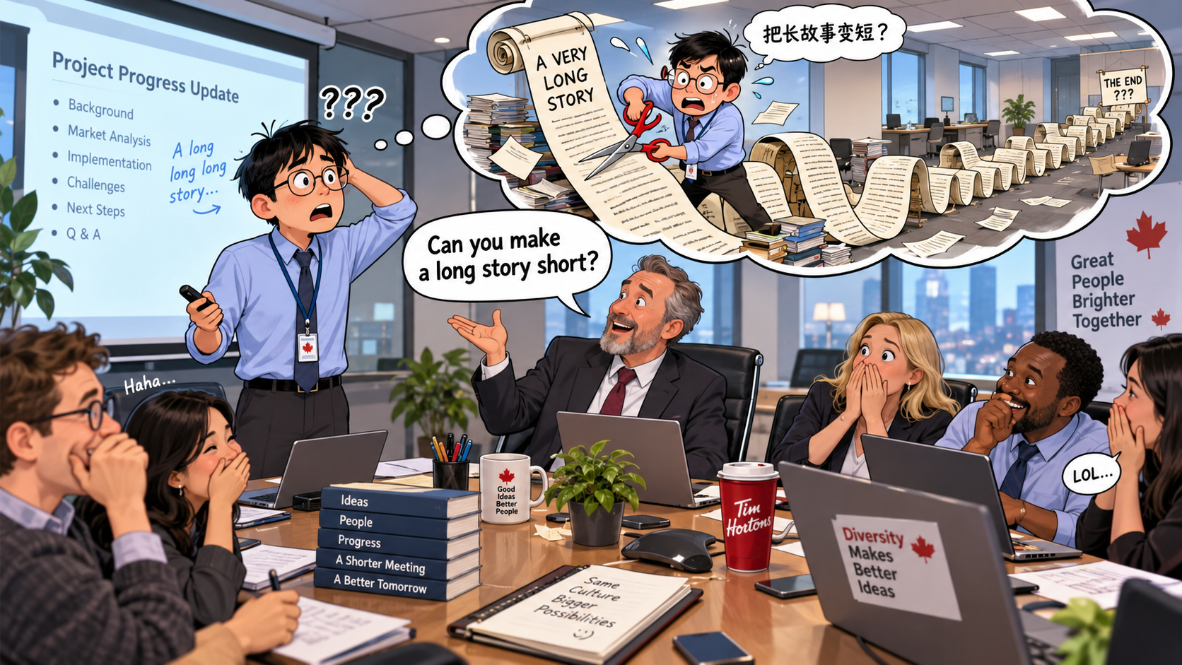 美剧学英语:make a long story short - 加拿大办公室开会,老板让我“把长故事变短”,我当场纠正他:这不是故事