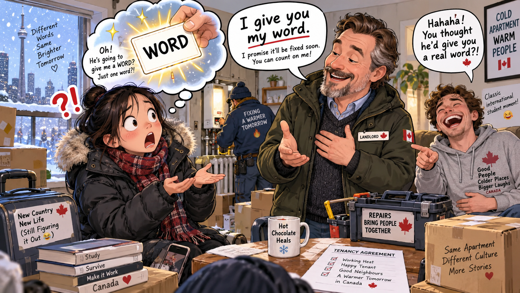 美剧学英语：make a word - 加拿大租房，房东说“I give you my word”，我还等着他告诉我是哪个单词……