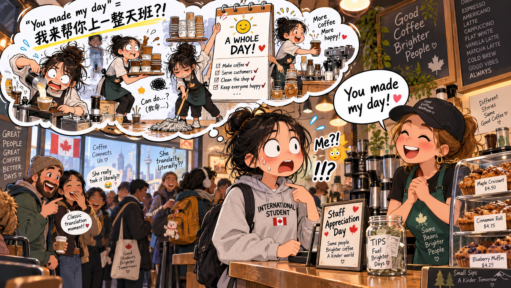 美剧学英语:make one's day - 加拿大咖啡店里,店员说我 made her day,我差点以为要替她上班一天