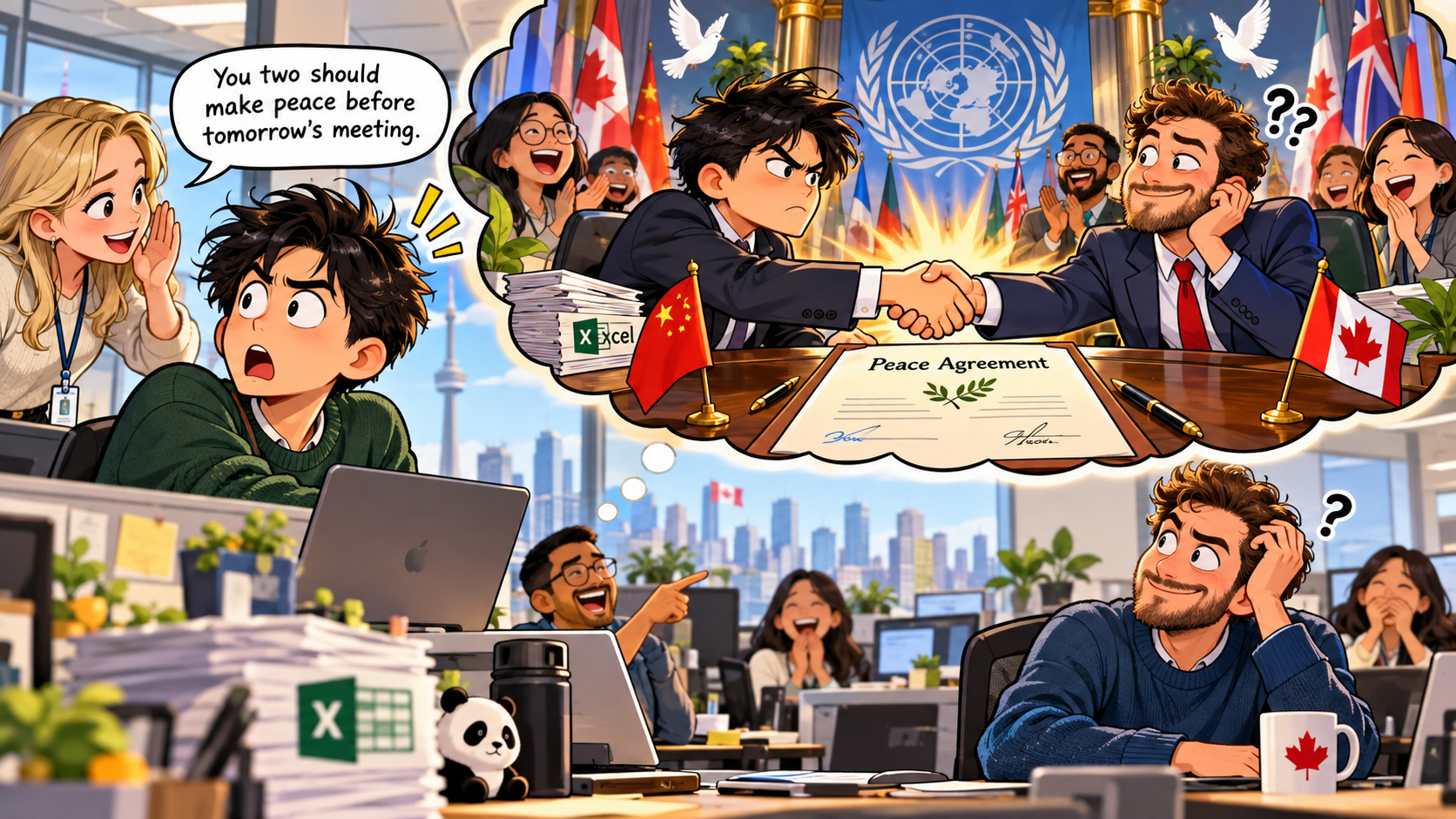 美剧学英语：make peace - 加拿大办公室里，同事说“make peace”，我差点以为公司要调解国际冲突