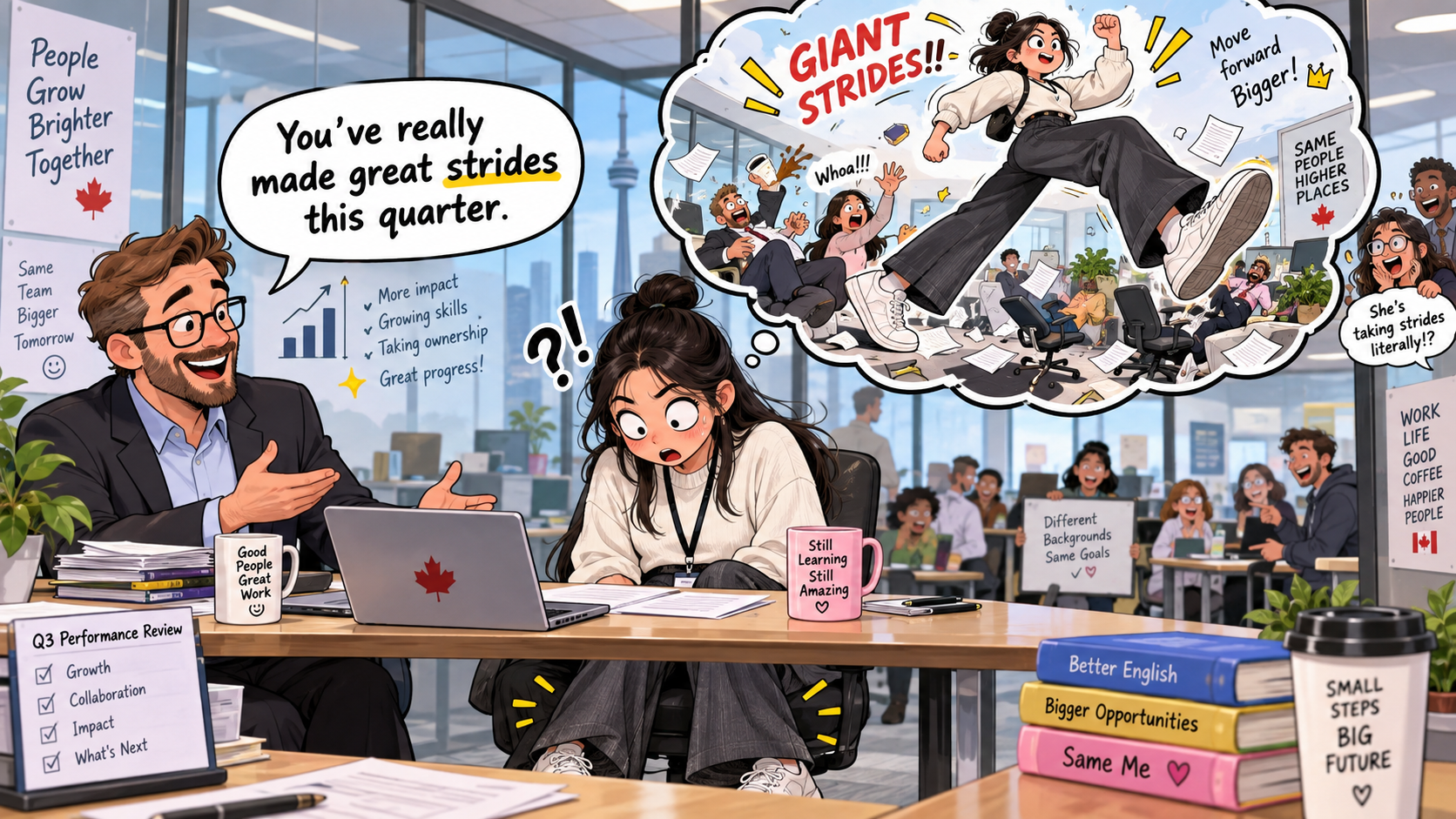 美剧学英语:make strides - 加拿大办公室绩效面谈,老板说我在“make strides”,我低头看了看自己的腿