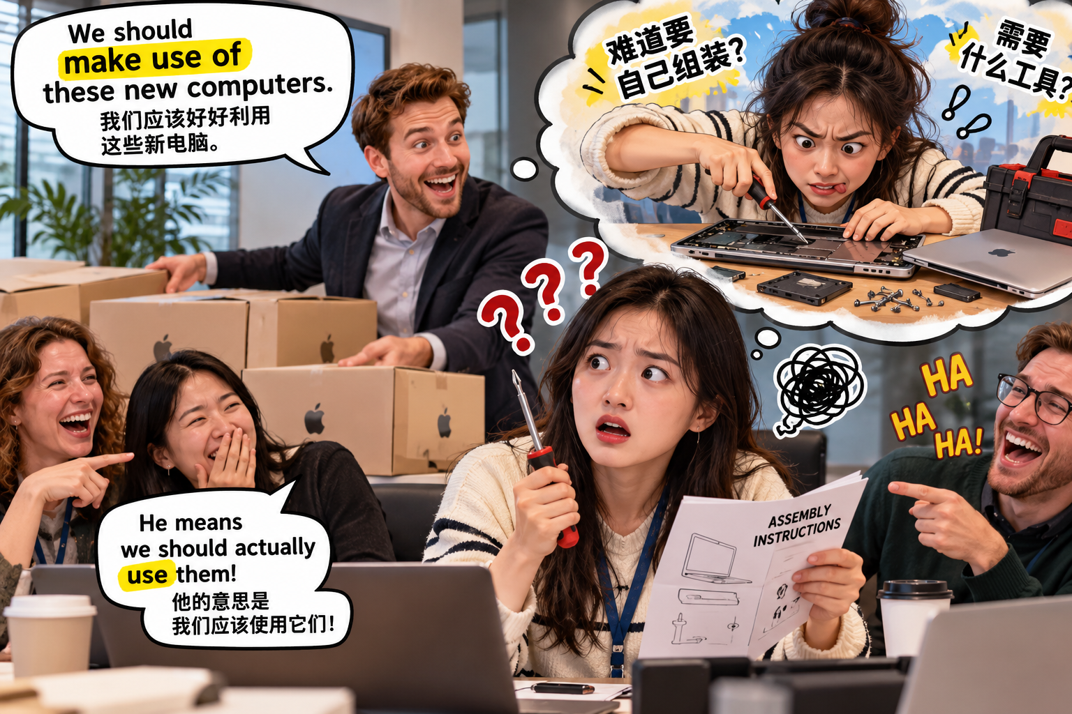 美剧说英语：make use of - 加拿大公司开会，老板让我“make use of”新电脑，我差点去找工具箱……