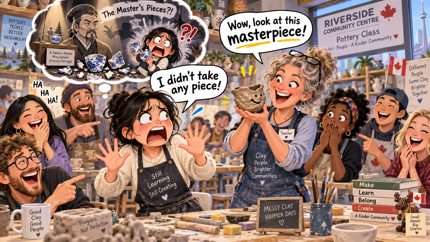 美剧学英语:masterpiece - 加拿大陶艺课,老师说“masterpiece”,我赶紧解释:碎片不是我拿的……