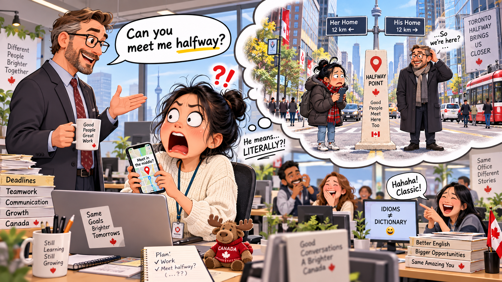 美剧学英语：meet someone half way - 加拿大办公室老板说“meet me halfway”，我下班后真去半路等他了……