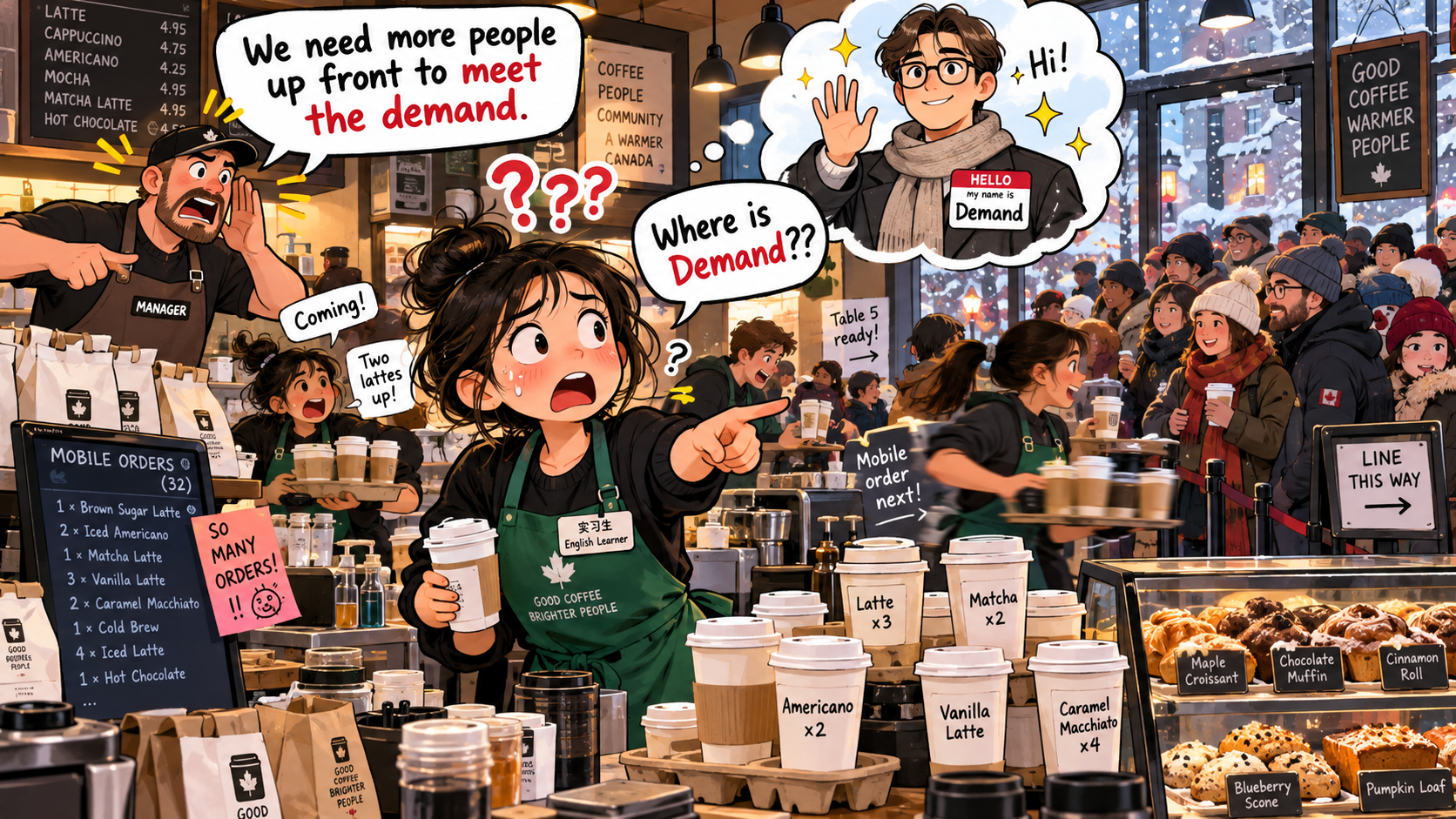 美剧说英语:meet the demand - 加拿大咖啡店兼职,经理说“meet the demand”,我真以为要去见一个叫Demand的人