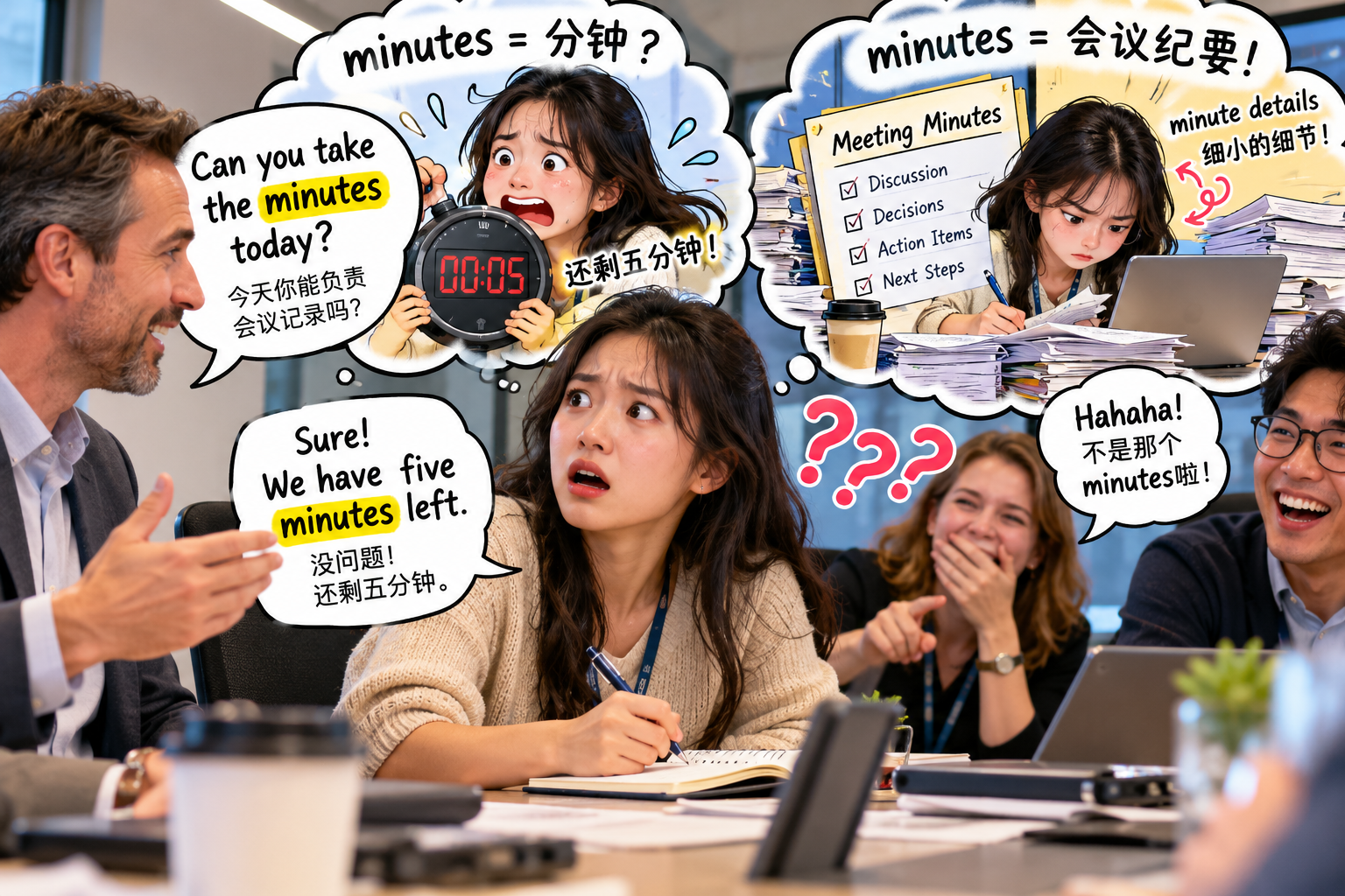 美剧说英语:minute - 加拿大办公室开会,经理说“minute”,我以为只耽误一分钟,结果被点名了……