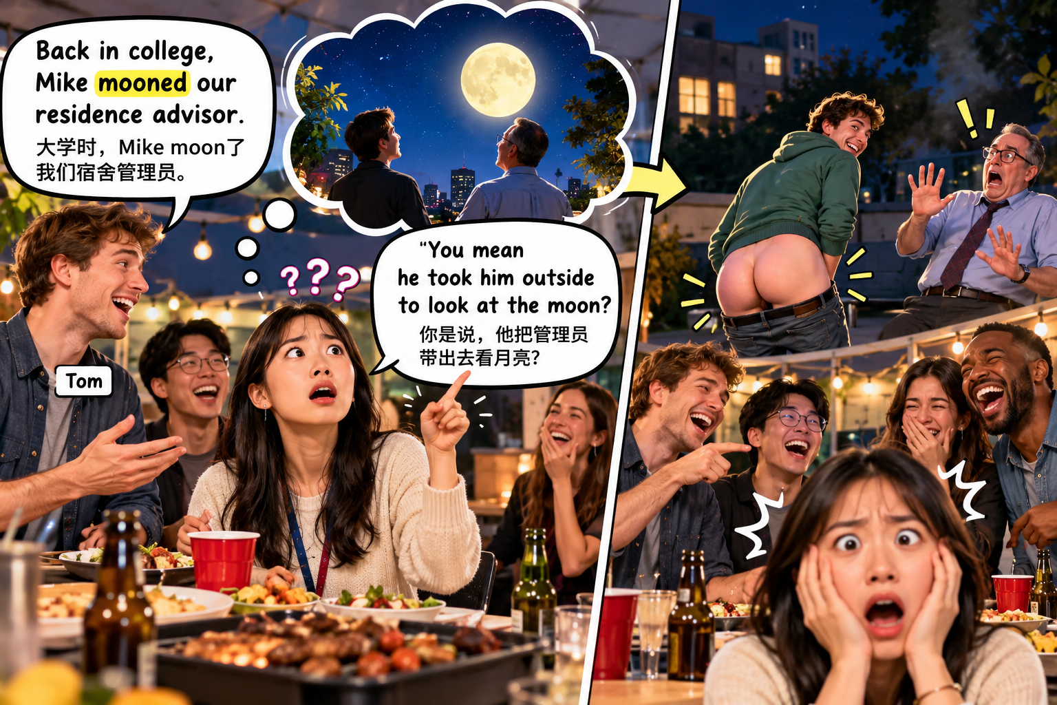 美剧学英语:moon someone - 加拿大办公室团建时,同事说有人要“moon”老板,我还以为要带他去看月亮……