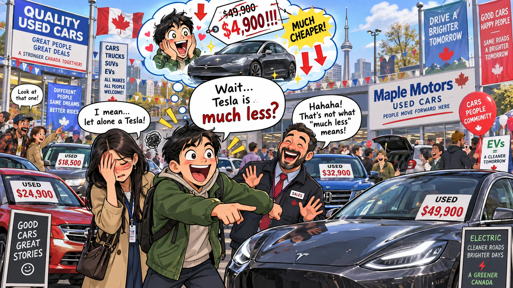 美剧学英语:much less - 加拿大二手车行里,同事说“much less a Tesla”,我差点当场改买特斯拉