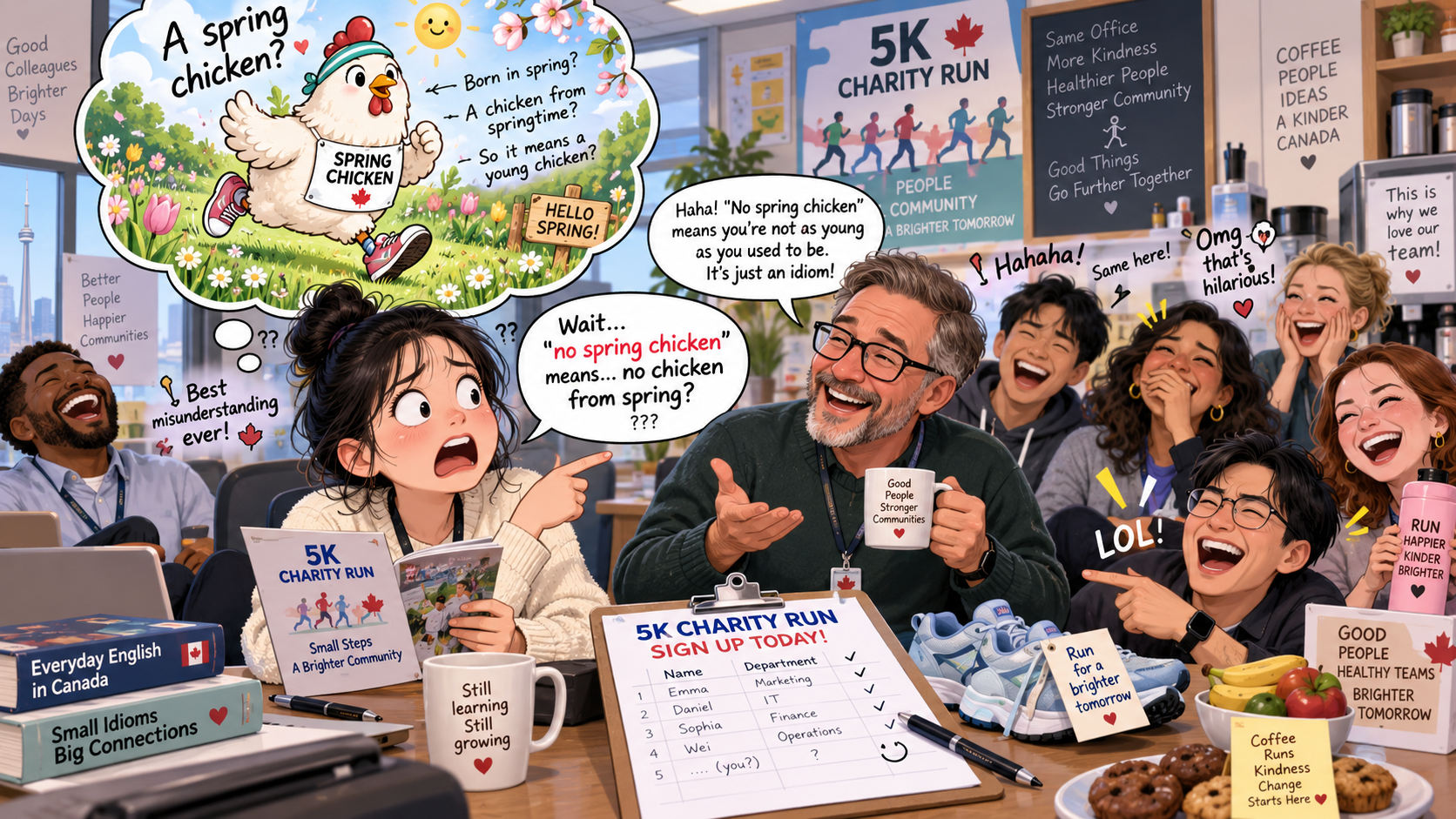 美剧学英语：no spring chicken - 加拿大办公室报名慈善跑，同事说“no spring chicken”，我居然问他鸡是什么季节的