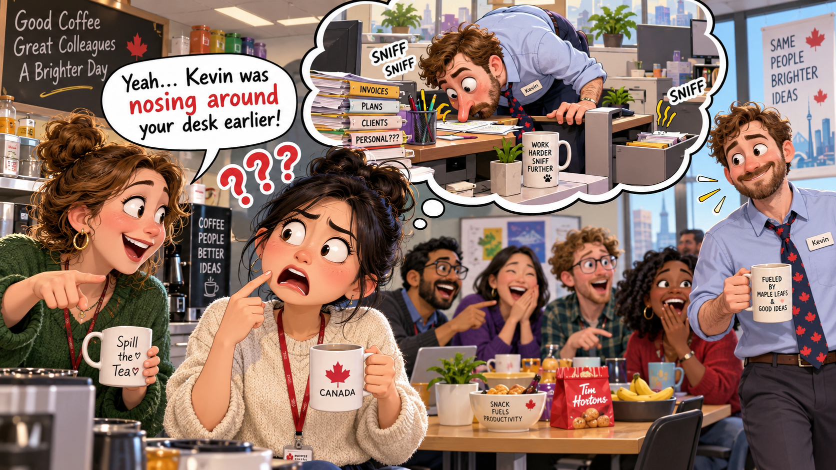 美剧学英语:nose around - 加拿大办公室茶水间:同事说他在“nose around”,我真的看了一眼他的鼻子……