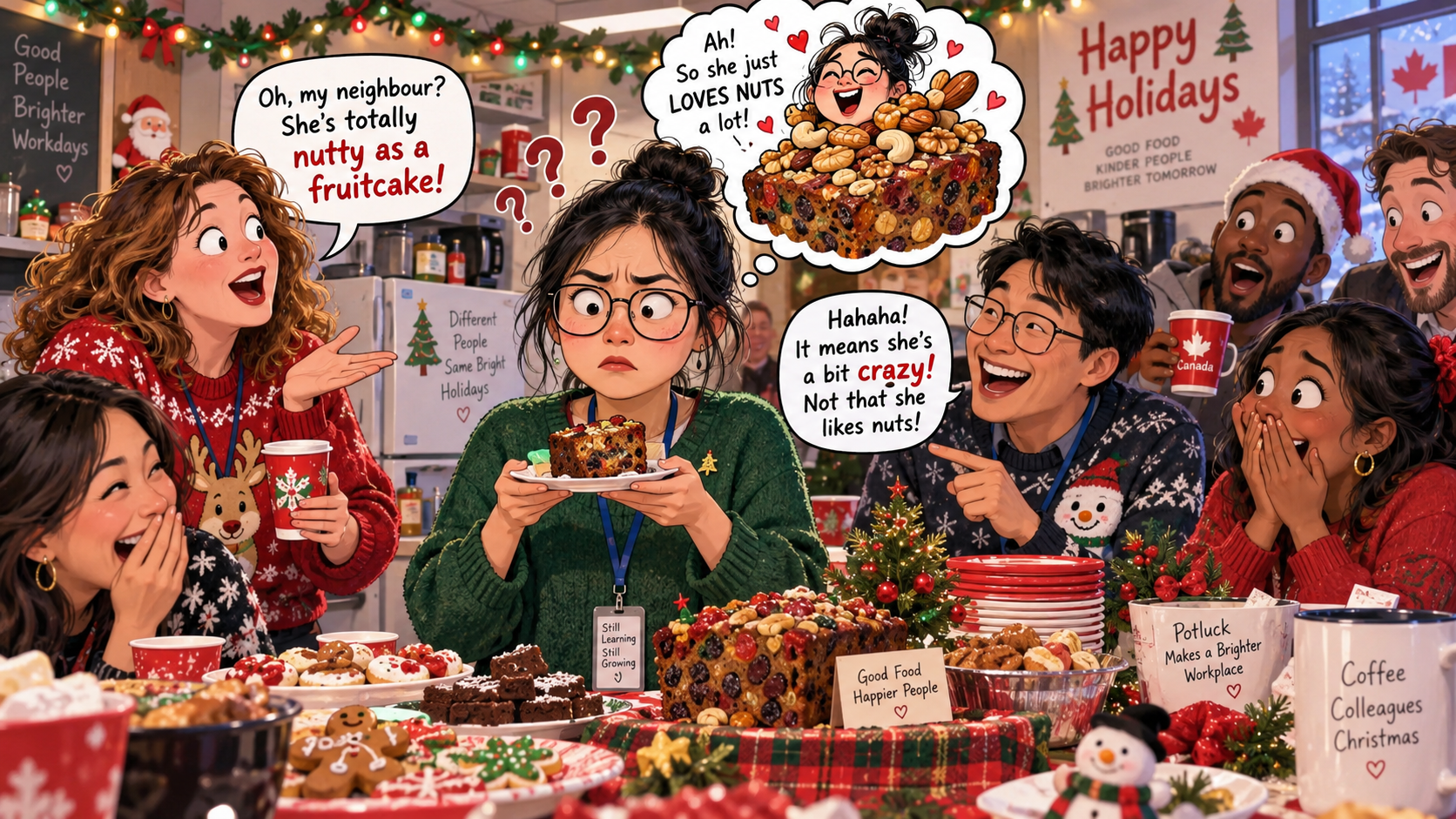 美剧学英语：nutty as a fruitcake - 加拿大办公室圣诞聚餐：同事说她邻居“nutty as a fruitcake”，我居然去检查蛋糕里的坚果……