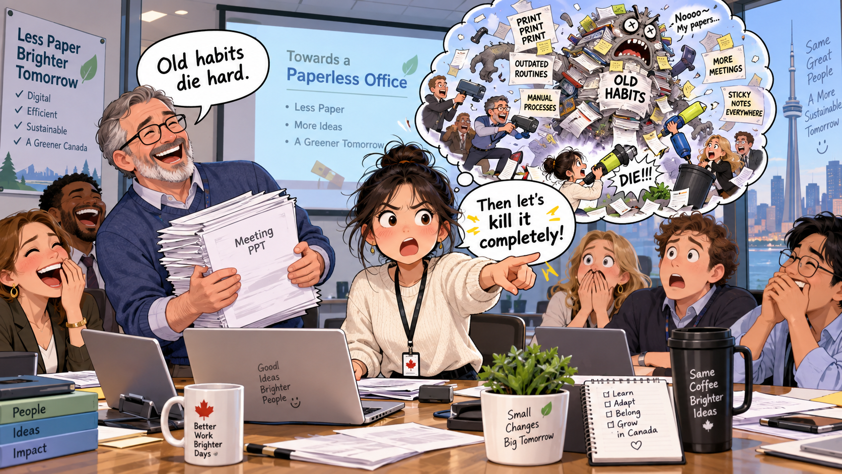美剧学英语:old habits die hard - 加拿大办公室推行无纸化,同事说“old habits die hard”,我接了一句“Then let's kill it”……