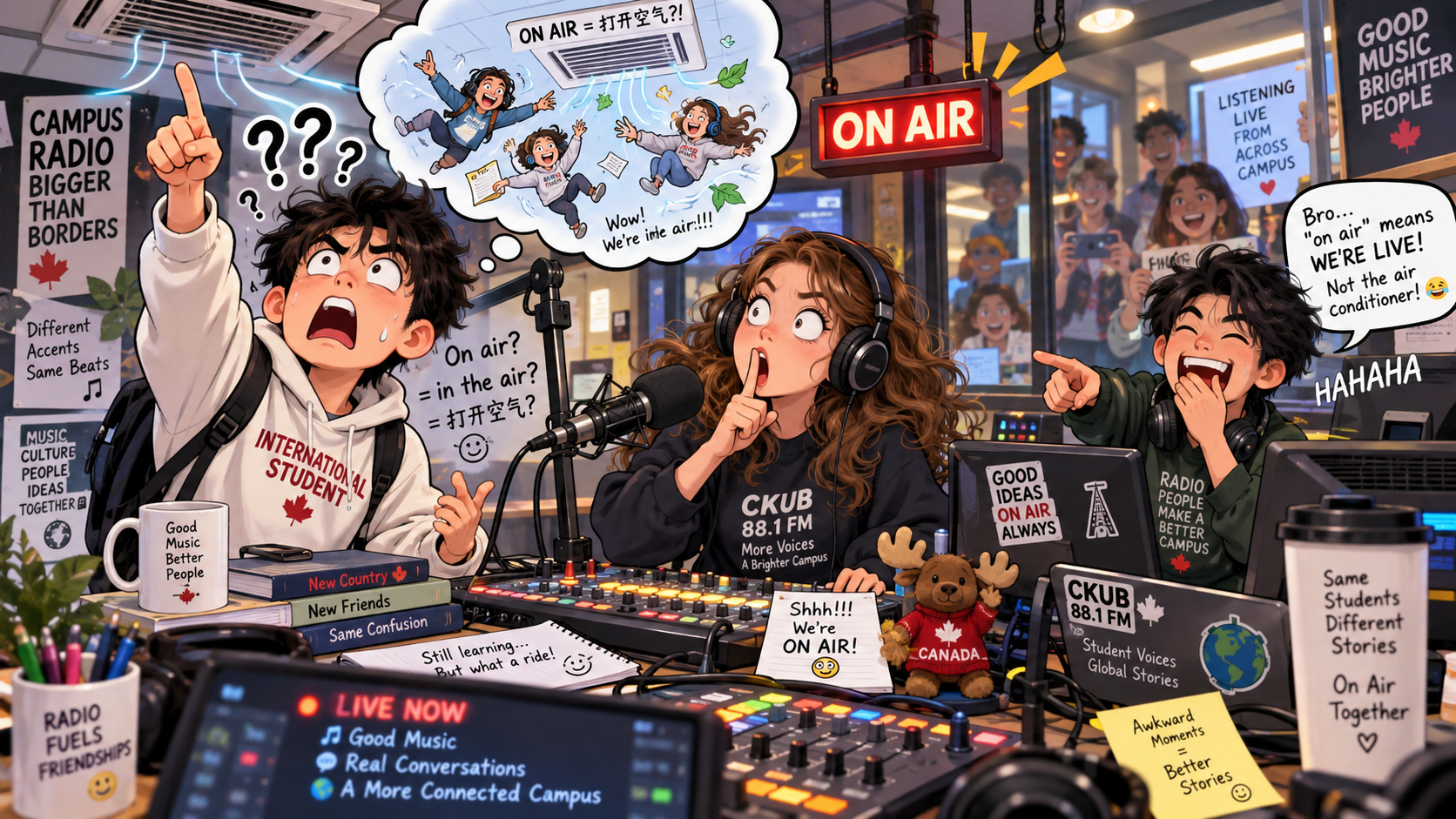 美剧学英语:on air - 加拿大校园广播室里,同学说“we’re on air”,我竟然抬头找空调出风口……
