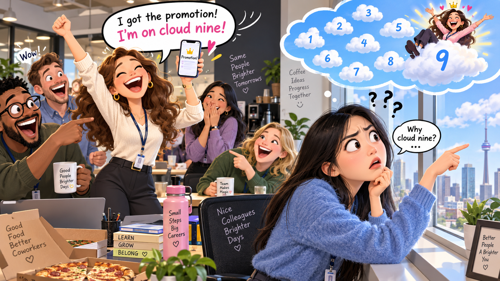 美剧学英语：on cloud nine - 加拿大办公室同事说自己on cloud nine，我居然跑到窗边找第九朵云